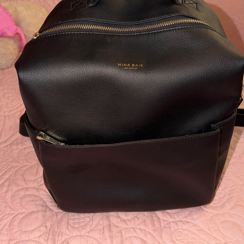 Mina Baie Black Leather Baby Backpack